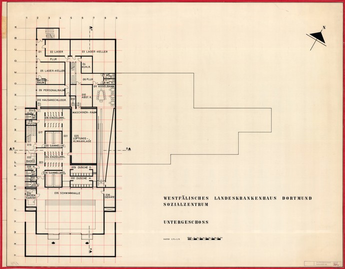 Grundriss des Untergeschosses des Sozialzentrums (Archiv LWL, Best. 846/11770)