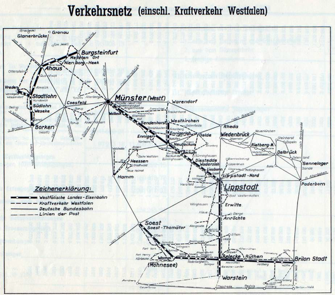 Verkehrsnetz der Westfälischen Landeseisenbahn AG sowie der Kraftverkehr Westfalen GmbH aus dem Jahr 1964