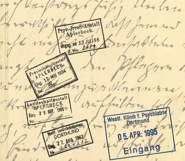Poststempel der Westfälischen Klinik für Psychiatrie von 1896 bis 1995, die den Wandel der Klinikbezeichnung über die Jahre abbilden.