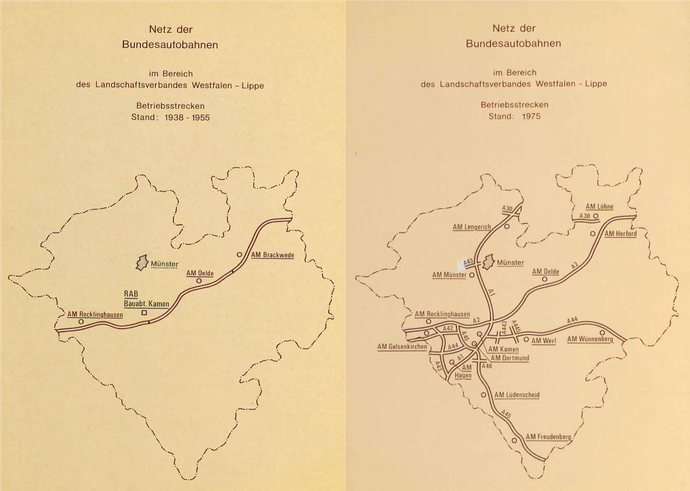 Ausbaukarten des Autobahnnetzes in Westfalen-Lippe, 1938 und 1975