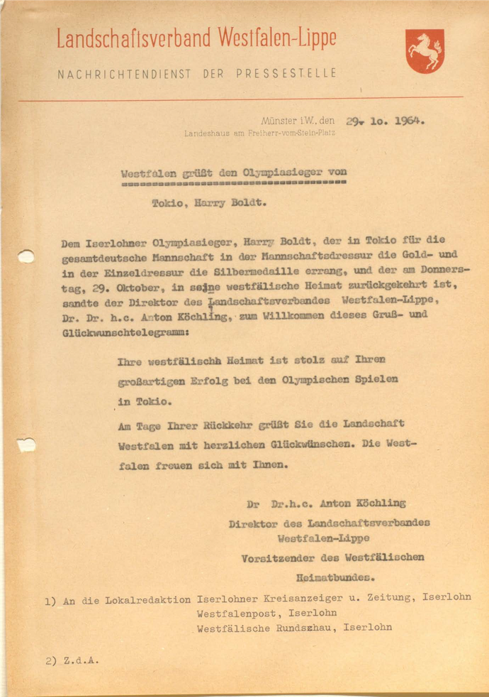 Gückwunschtelegramm des LWL-Direktors an die westfälischen Olmypiasieger von 1964