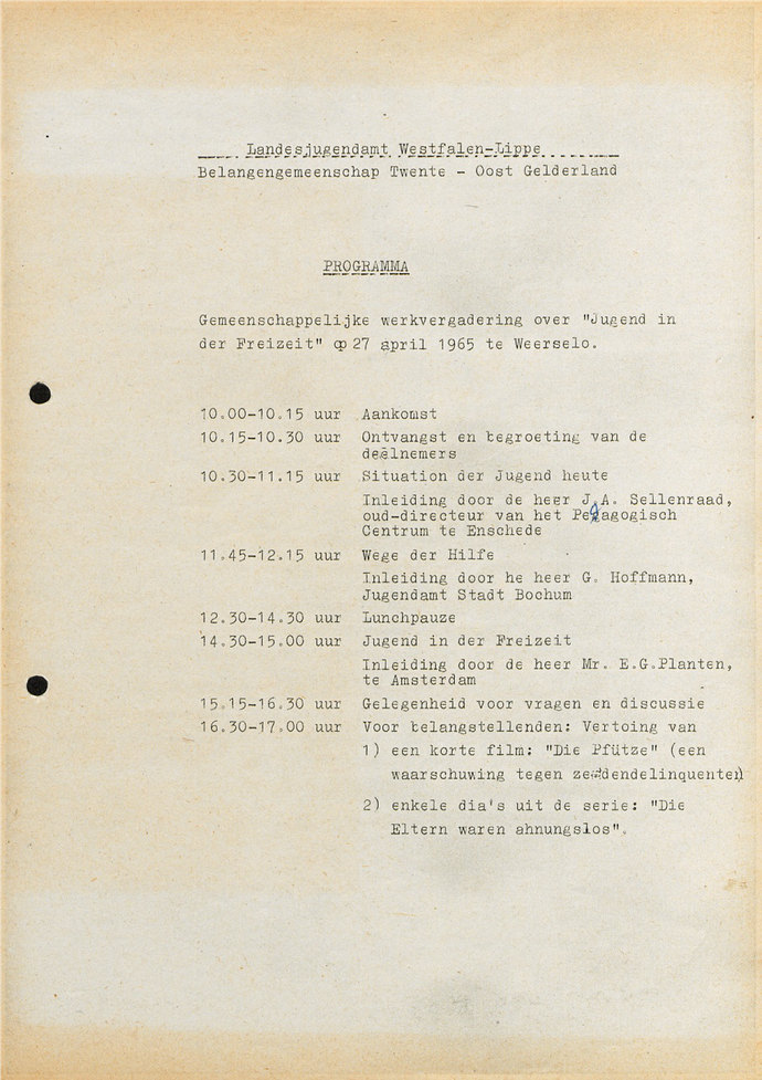Programm der Konferenz "Jugend in der Freizeit" in Weerselo 1965