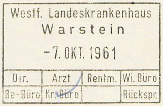 Stempel des Westfälischen Landeskrankenhaus Warstein vom 7. Oktober 1961