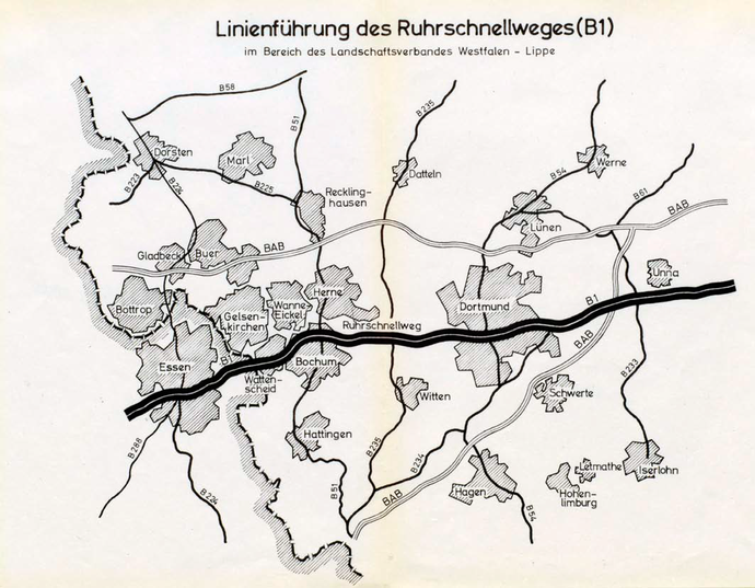Linienführung des Ruhrschnellweges im Bereich des Landschaftsverbandes Westfalen-Lippe