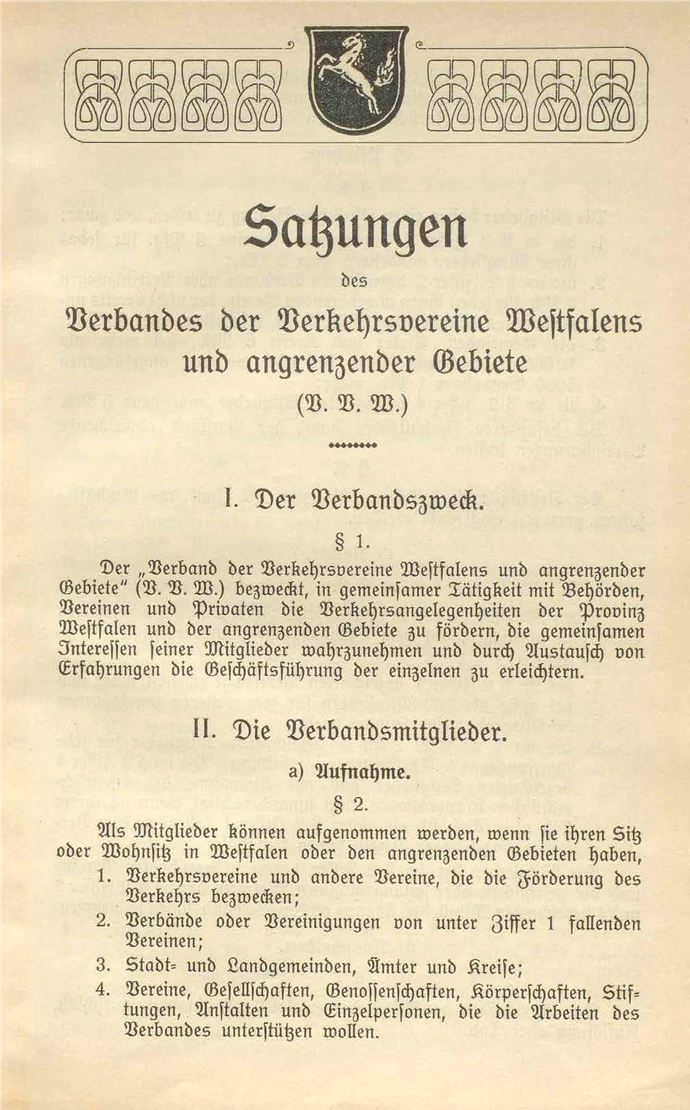 Satzung des Verbandes der Verkehrsvereine Westfalen und angrenzender Gebiete, 1913.