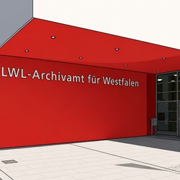 Die Abbildung zeigt den Eingang des LWL-Archivamtes für Westfalen. Es handelt sich um ein rotes Gebäude.