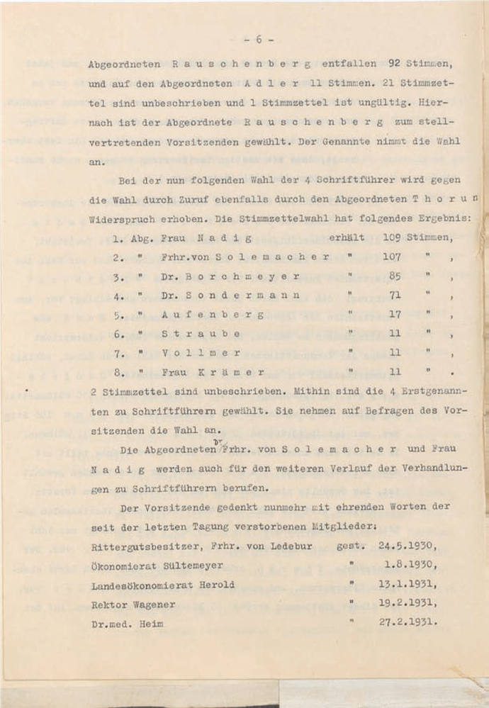 Auszug aus dem Protokoll des Provinziallandtages über die Whl der Schriftführer, 1931
