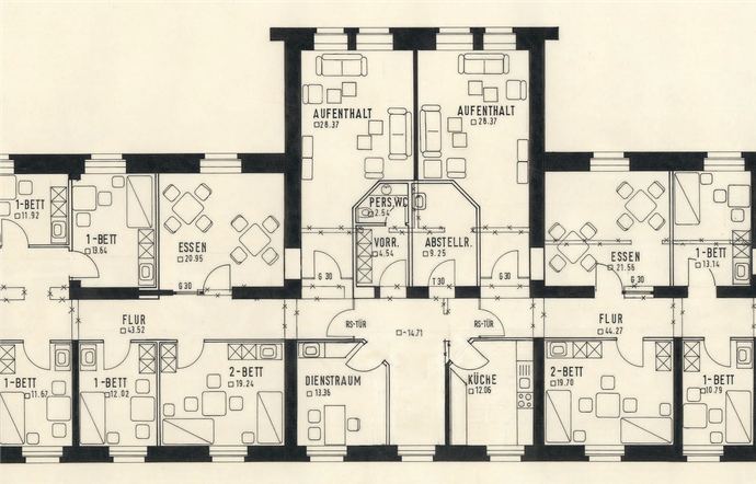 Grundriss eines Krankengebäudes der Westfälischen Klinik für Psychiatrie Lengerich mit Zweibettzimmern, 1989