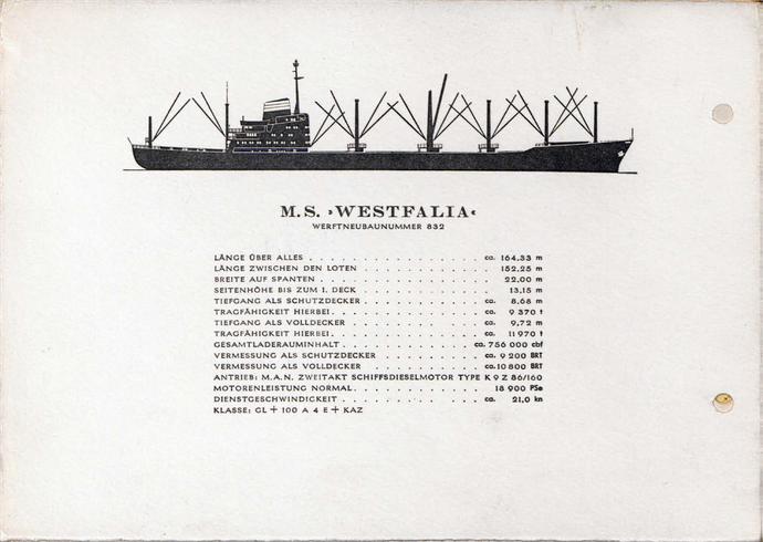 Datenblatt des Frachtmotorschiffes Westfalia, 1964