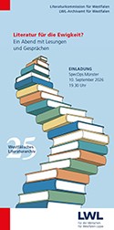 Die Abbildung zeigt die Vorderseite der Einladung zum 25. Jubiläum des Literaturarchivs, dargestellt ist ein in Bücherstapel im Comicstil.