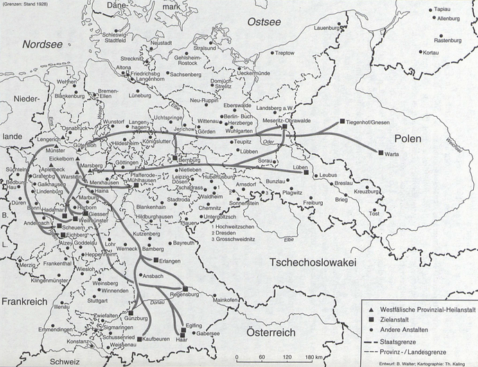 Übersichtskarte der Verlegung von T4-Opfern aus den westfälischen Provinzialheilanstalten, Juni bis November 1943.