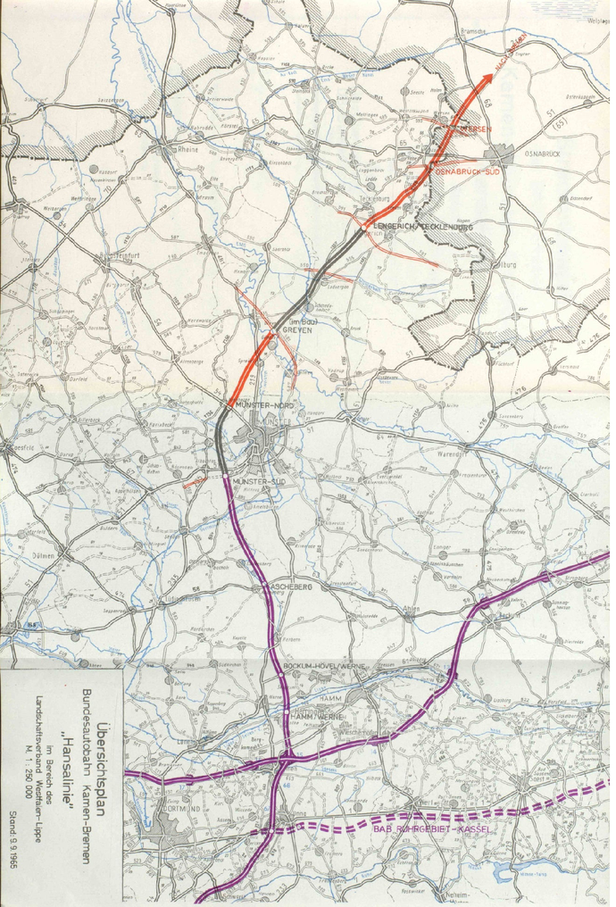 Übersichtsplan Bundesautobahn 1 im Bereich des Landschaftsverbandes Westfalen-Lippe, 1965