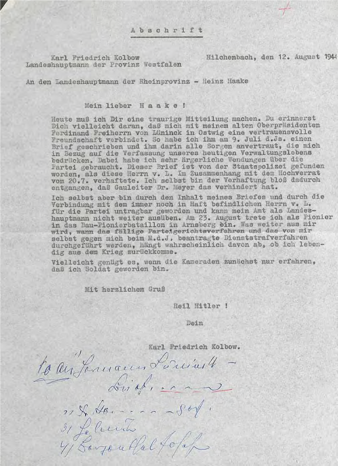 Brief von Landeshauptmann Kolbow an Landeshauptmann Heinz Haake über seine Absetzung aus dem Amt.