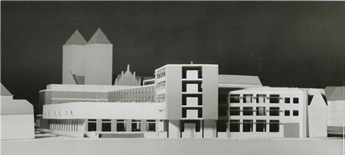 Modell des Neubaus des LWL-Landesmuseums für Kunst und Kulturgeschichte, Ansicht vom Aegidiimarkt, 1961