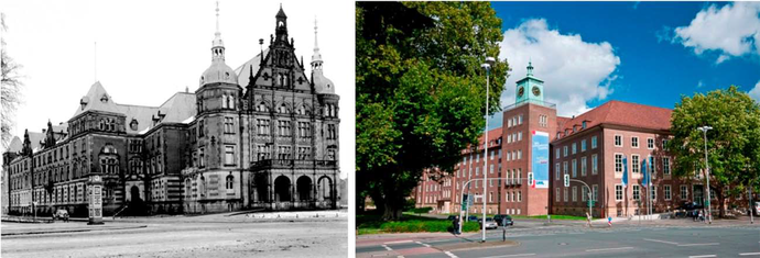 Collage des alten und neuen Landeshauses nebeneinander.