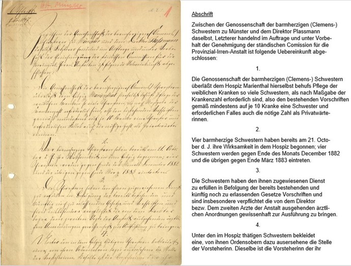 Erste Seite des Vertrages vom 19. Dezember 1882 zwischen der Genossenschaft der barmherzigen Clemens-Schwestern und dem Direktor für das Landarmen-Wes