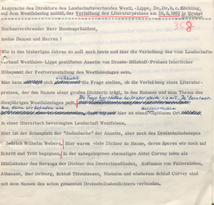 Erste Seite der Ansprache Dr.Köchlings zur Verleihung des Annette-von-Droste-Hülshoff-Preises 1963 (Foto: LWL/Archivamt)