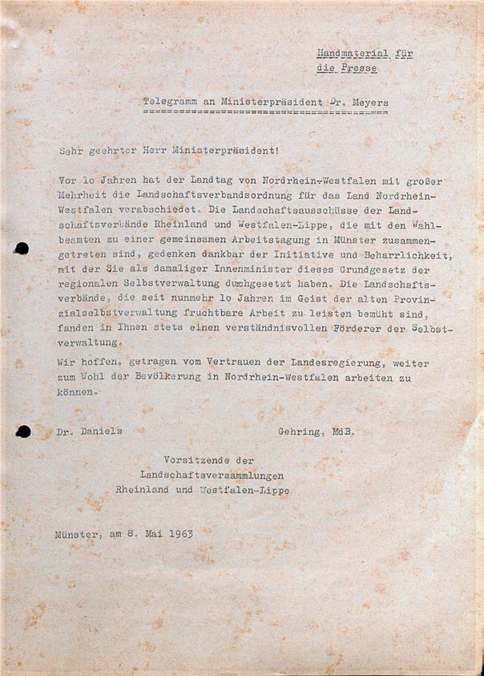 Telegramm der Vorsitzenden der Landschaftsversammlungen Rheinland und Westfalen-Lippe, an Ministerpräsident Dr. Meyers, 1963